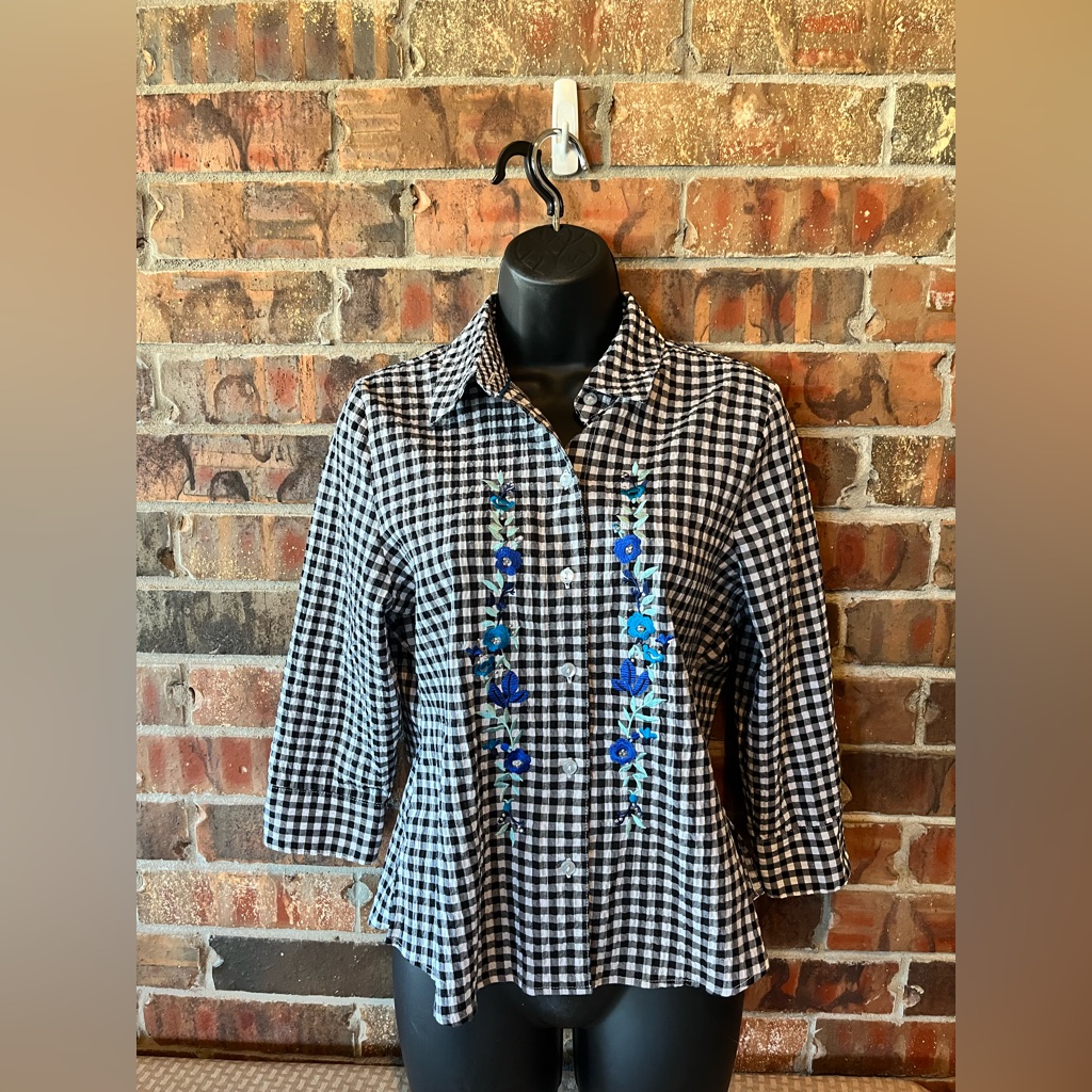 Allison Daley Petite Black & White Checkered Long Sleeve Shirt Women’s Size: 6p